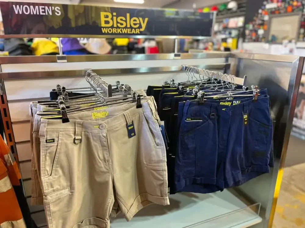 Bisley women's work shorts and pants on display at Custom Workwear Ulverstone