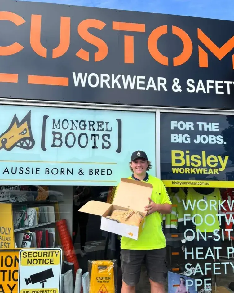 Custom Workwear and Safety shopfront in Ulverstone with Mongrel Boots and Bisley signage
