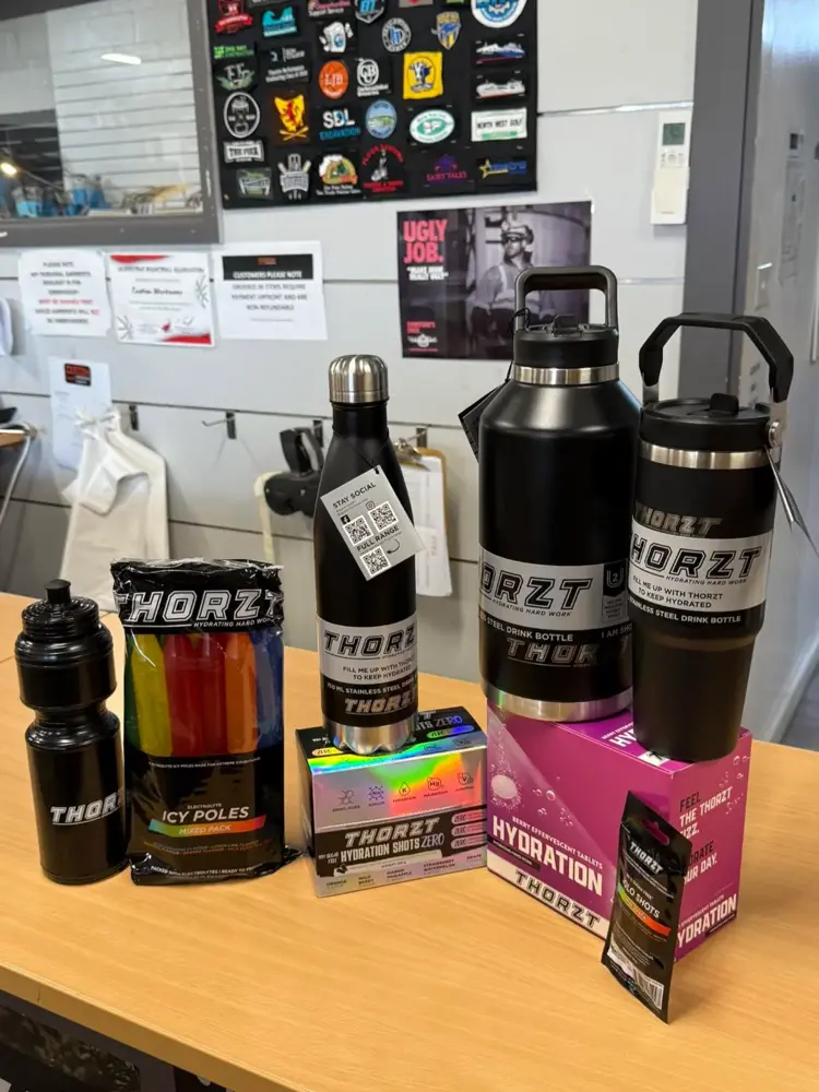 Thorzt drink bottles and tumblers on display at Custom Workwear