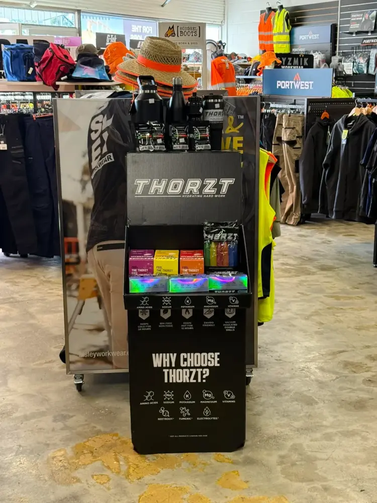 Thorzt display stand inside the Custom Workwear store