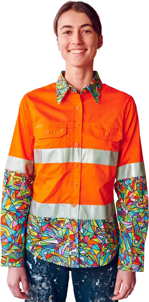 Woman wearing an orange hi-vis work shirt with patterned sleeves