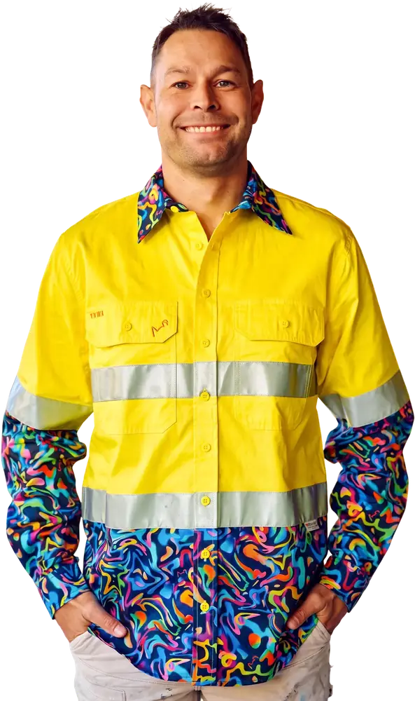 Man wearing a yellow hi-vis work shirt with patterned sleeves