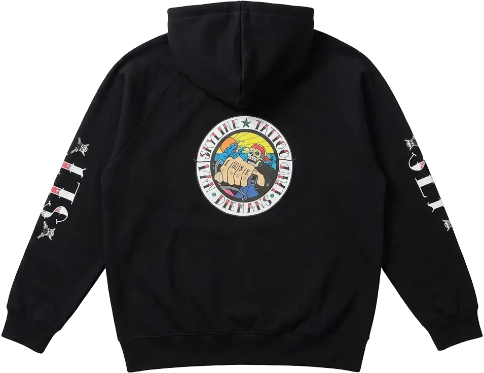 Black hoodie with full-colour heat pressed back and sleeve graphics