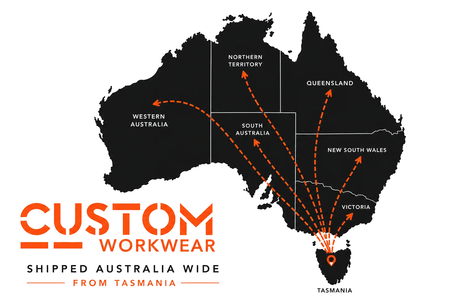 Map showing Custom Workwear shipping Australia-wide from Tasmania